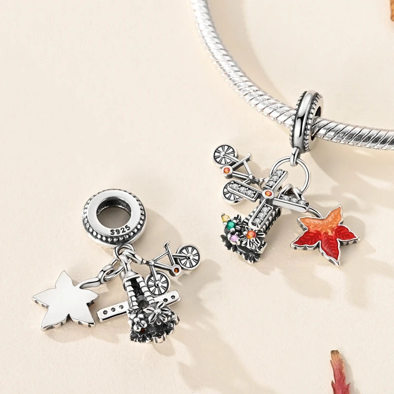 Halloween 925 Sterling Silver Charms | Pumpkin Skeleton Witch Bat Beads for Bracelet DIY Jewelry