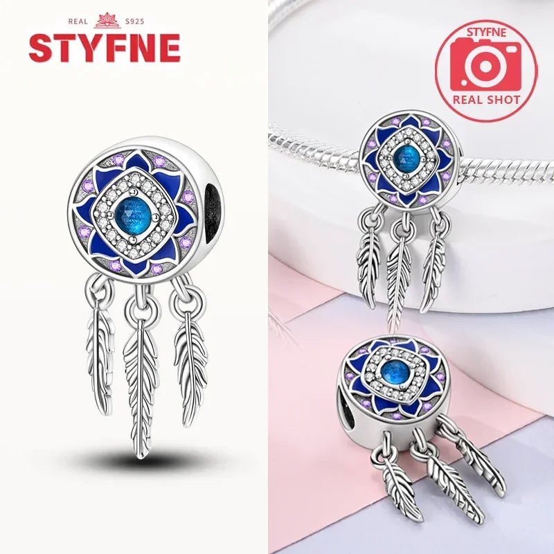 925 Sterling Silver Colorful Zircon Heart Dreamcatcher Charm – Feather Beads Fit Original Pandora Bracelet DIY Jewelry Gift for Women