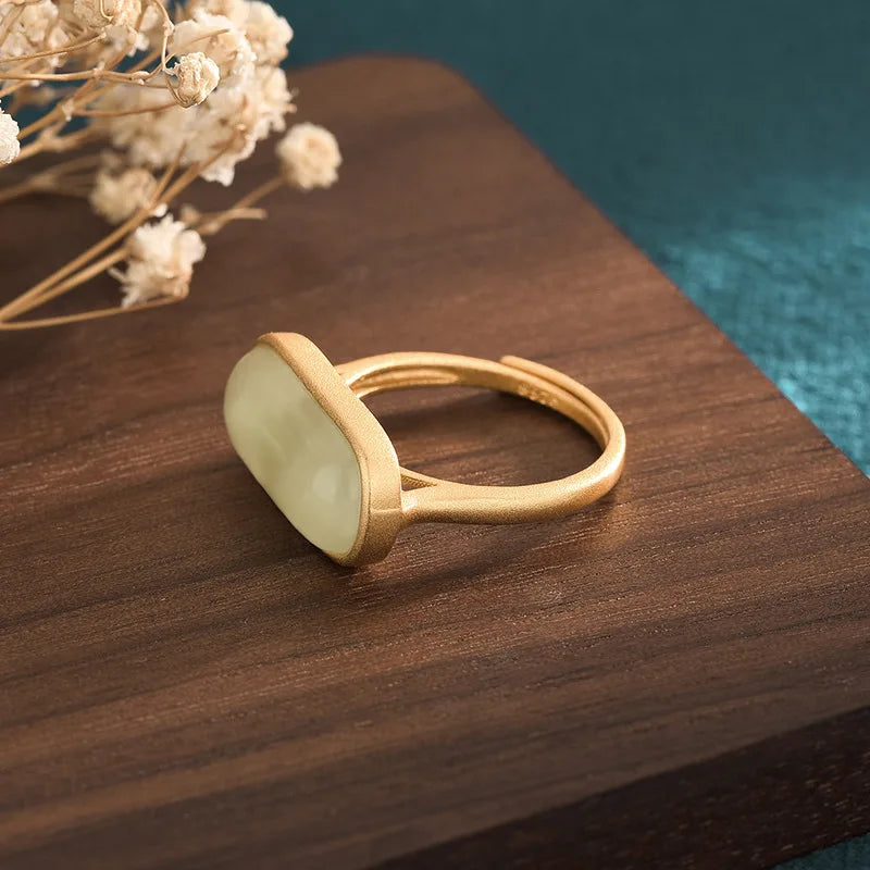 PANJBJ 925 Sterling Silver Hotan Jade Geometric Adjustable Ring | Retro Delicate Jewelry Gift for Women