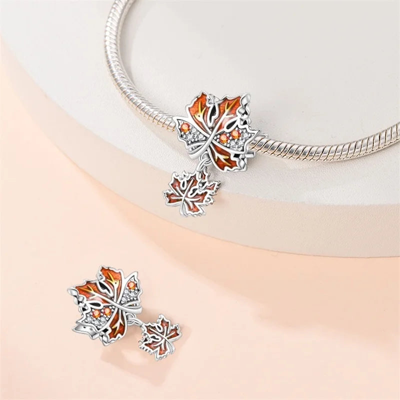 925 Sterling Silver Squirrel & Maple Leaf Charm | Shiny Zircon Autumn Beads Fit Pandora Bracelet DIY Jewelry