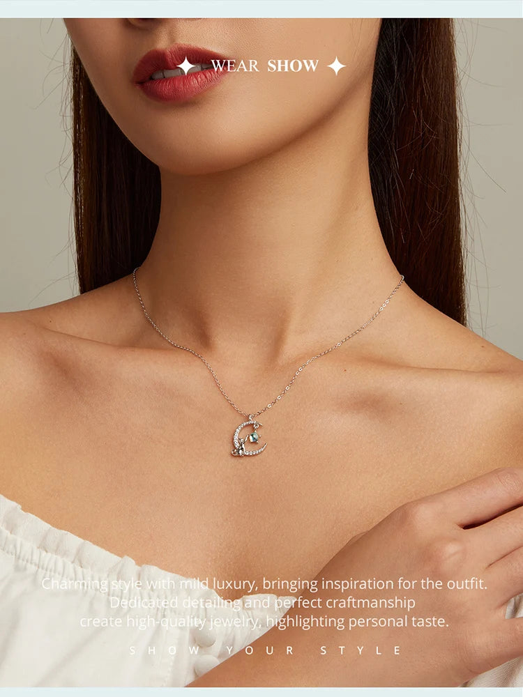 WOSTU 925 Sterling Silver Cat & Rabbit Moon Necklace | Star Zircon Pendant for Women Fine Jewelry Gift