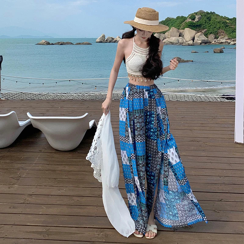 Vacation Style High Waist Wide Leg Pants – Thin Long Ethnic Print Pants for Beach & Holiday Wear