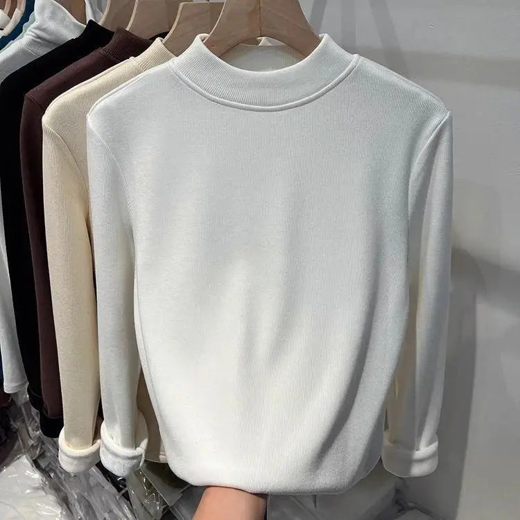 ❄️ Thiened Fleece Warm Long Sleeve Innerwear 👚 Slim Fit Mid-Neck Women's Base T-Shirt 🌸 Autumn Winter Two-Piece Set