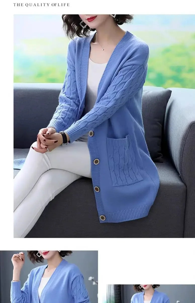 Sueter Mujer Invierno 2025 | Vintage Knitted V-Neck Cardigan | Women’s Casual Solid Sweater with Pockets