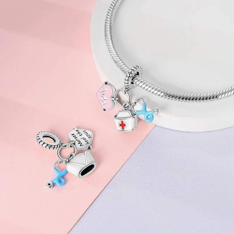 Doctor Nurse 925 Sterling Silver Charms Beads | Original Trendy Medical Pendant for DIY Bracelet Jewelry