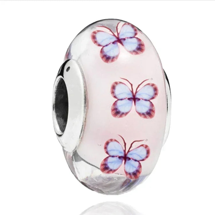 2025 Classic 925 Sterling Silver Colored Flower & Leaf Murano Glass Charm Beads | DIY Bracelet