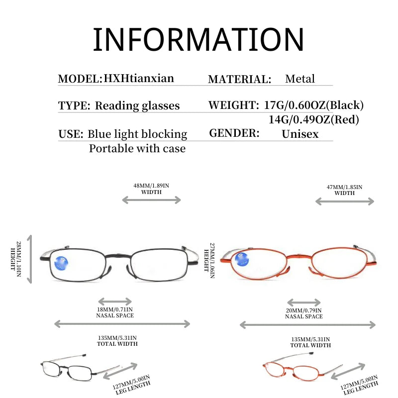 Foldable Reading Glasses Men Women Metal Frame Blue Light Resistant EyeGlasses with Zipper Bag Prescription Eyewear +1.0 To +4.0