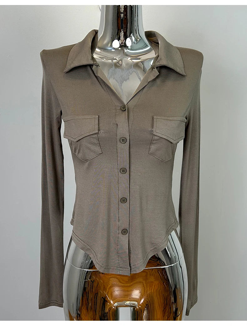 Sexy Button-Up Slim Fit Blouse – Women’s Early Autumn Korean Style Double Pocket Swing Top