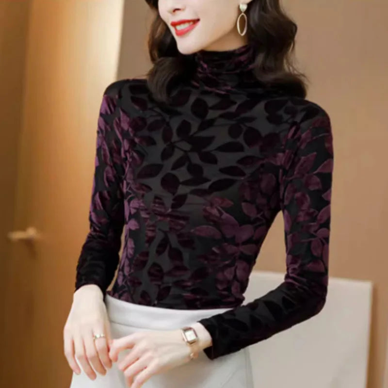 2026 Spring High Collar Women’s Mesh T-Shirt – Korean Flocking Flower Sexy Long Sleeve Top 🌸✨
