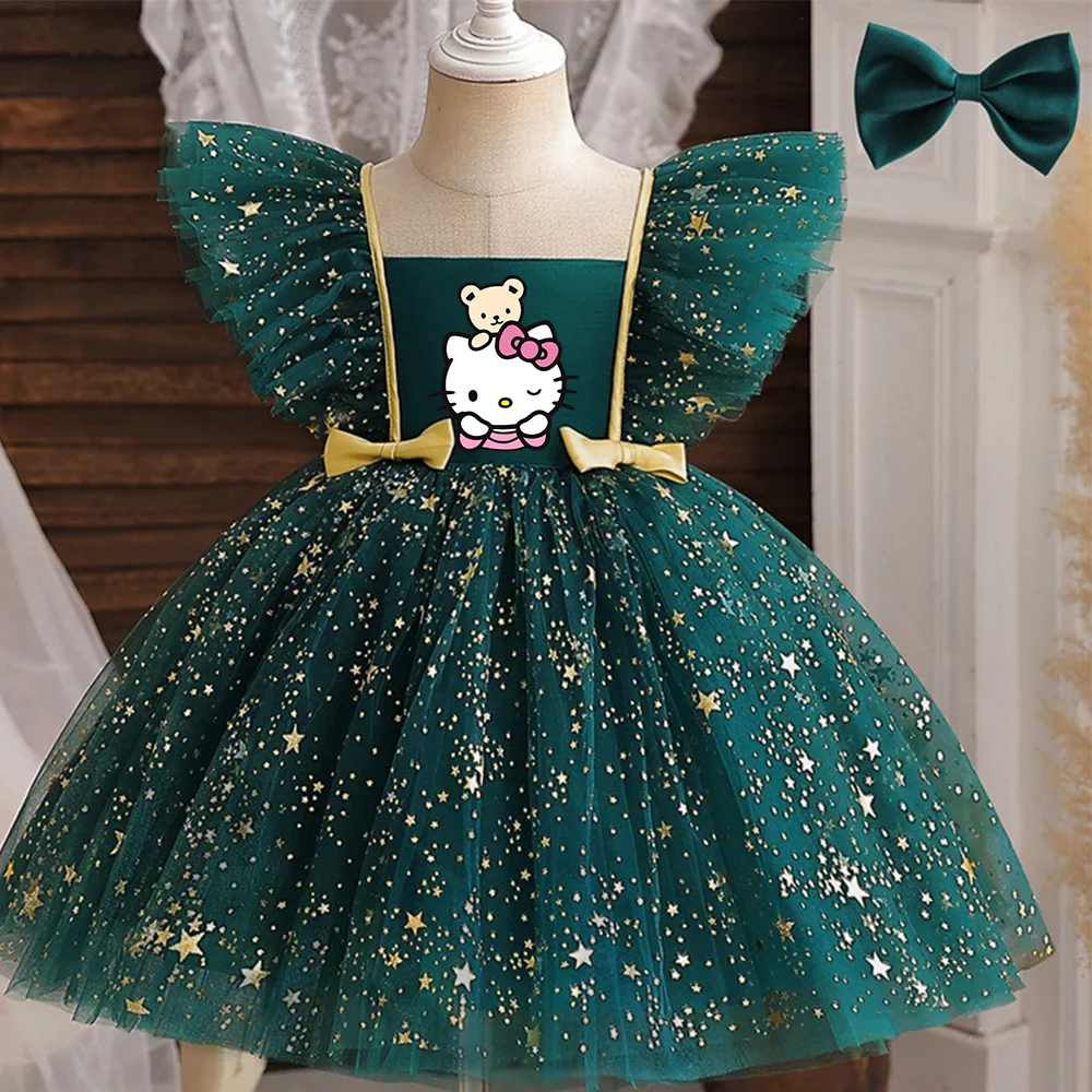 ✨ Hello Kitty Princess Dress for Girls 👑 Sequined Star Tutu Gown 🎀 Ruffle Bow Kids Party & Prom Dress