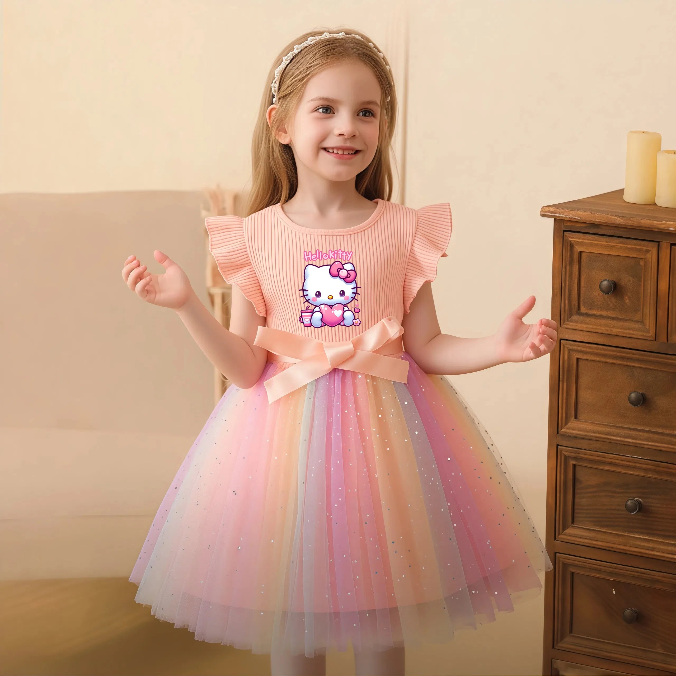 ✨ Hello Kitty Girls Sequins Dress 🎀 Rainbow Tulle Princess Dress 🌈 Toddler Birthday Party Outfit 👧 Ages 1–5 Years
