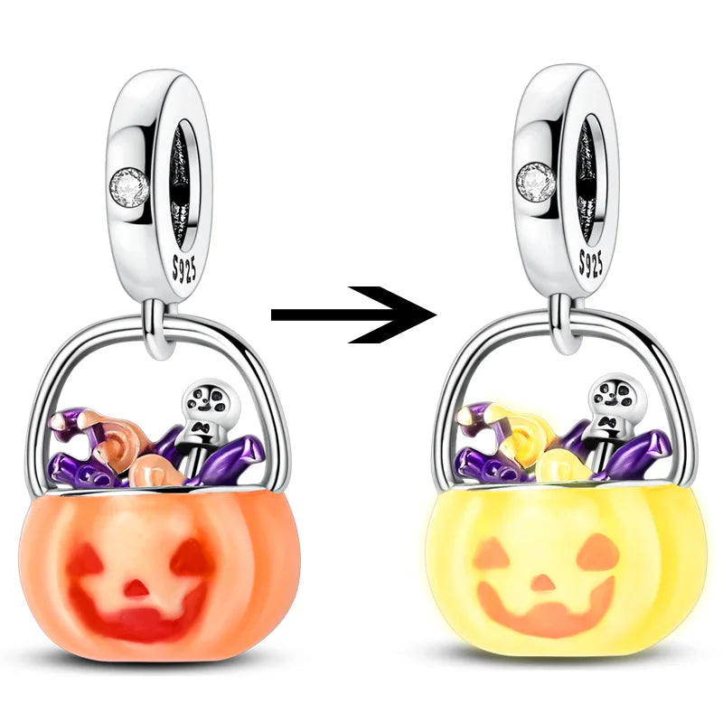 925 Sterling Silver Halloween Series Charms | Pumpkin, Witch, Skull & Candy Beads Fit Original Bracelet DIY Jewelry