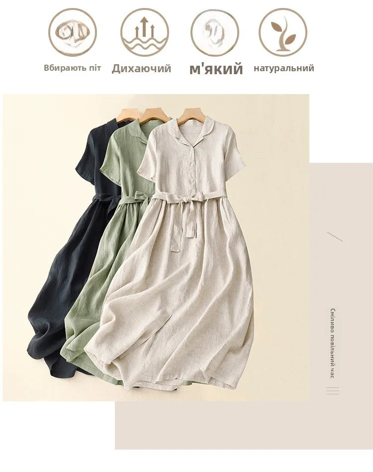 Pure Linen Shirt Dress – Women's Summer Lightweight Breathable Long Dress, Loose Plus Size with Slimming Belt