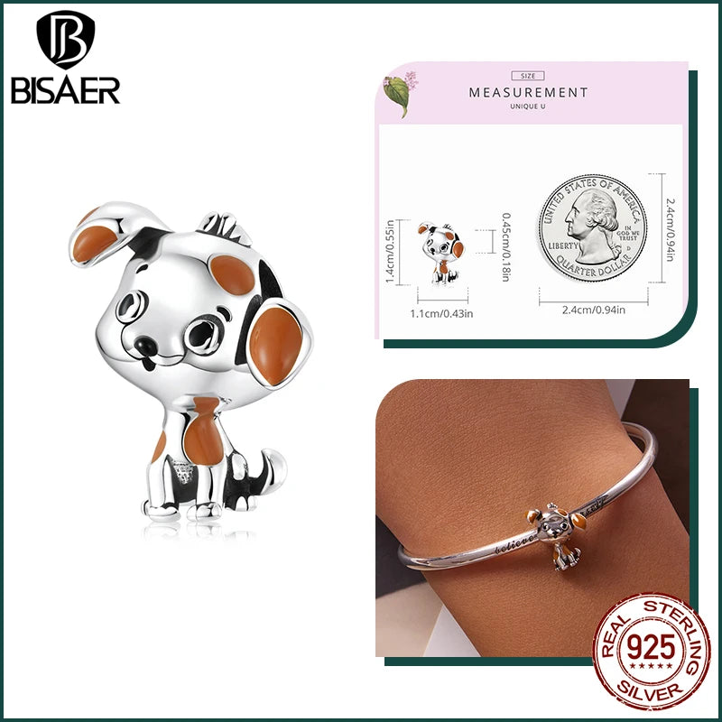 BISAER 925 Sterling Silver Dog Charm | Cute Dachshund Pet Bead Pendant for Women’s DIY Bracelet Jewelry