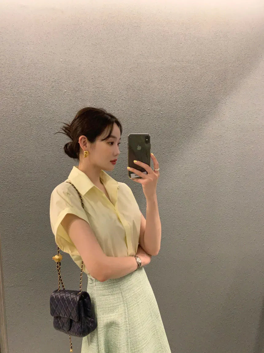 Chic Summer Loose Women’s Shirt | Classic Pure Color Professional Blouse with Small Lapel Collar