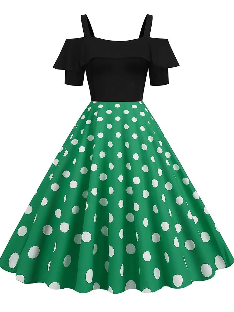 Off-Shoulder Elegant Vintage Party Dress – Women’s Summer Polka Dot Ruffles A-Line Midi Dress