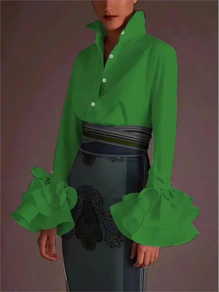 Women’s Elegant Flared Sleeve Falbala Blouse – Spring Autumn Solid Color Office Top 👚✨