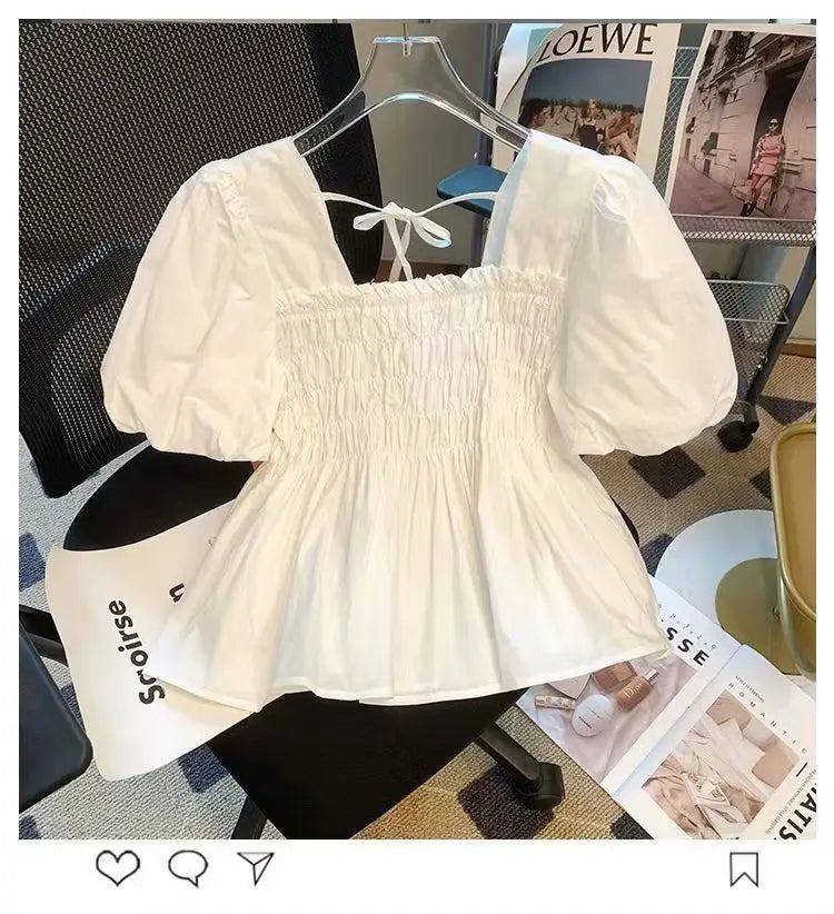 ☀️ Summer 2025 New Square Collar Pleated Short Sleeve Doll Shirt 👚 Women’s Small Size Bubble Sleeve Chiffon Blouse Top 🌸