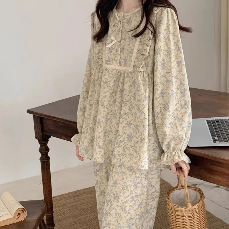 Women’s Plus Size Pajamas – Garden Style Student Homewear Two-Piece Set | Korean Version Bow Detail, Long Sleeve, Can Be Worn Outside