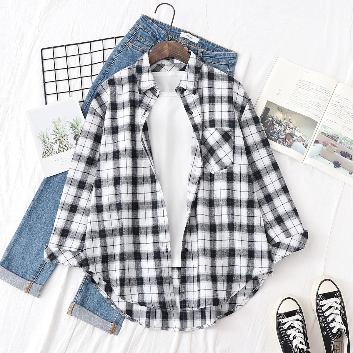 Women’s Plaid Shirt | Spring Autumn Long Sleeve Blouse | Casual Cotton Checkered Top