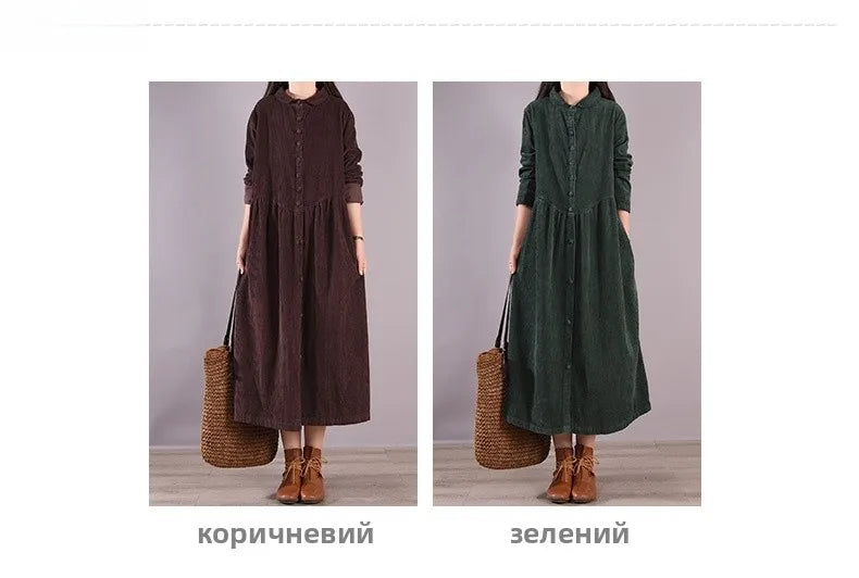 Retro Japanese Style Long Sleeve Corduroy Dress – Thick Fleece-Lined A-Line Winter Dress for Women | Solid Color