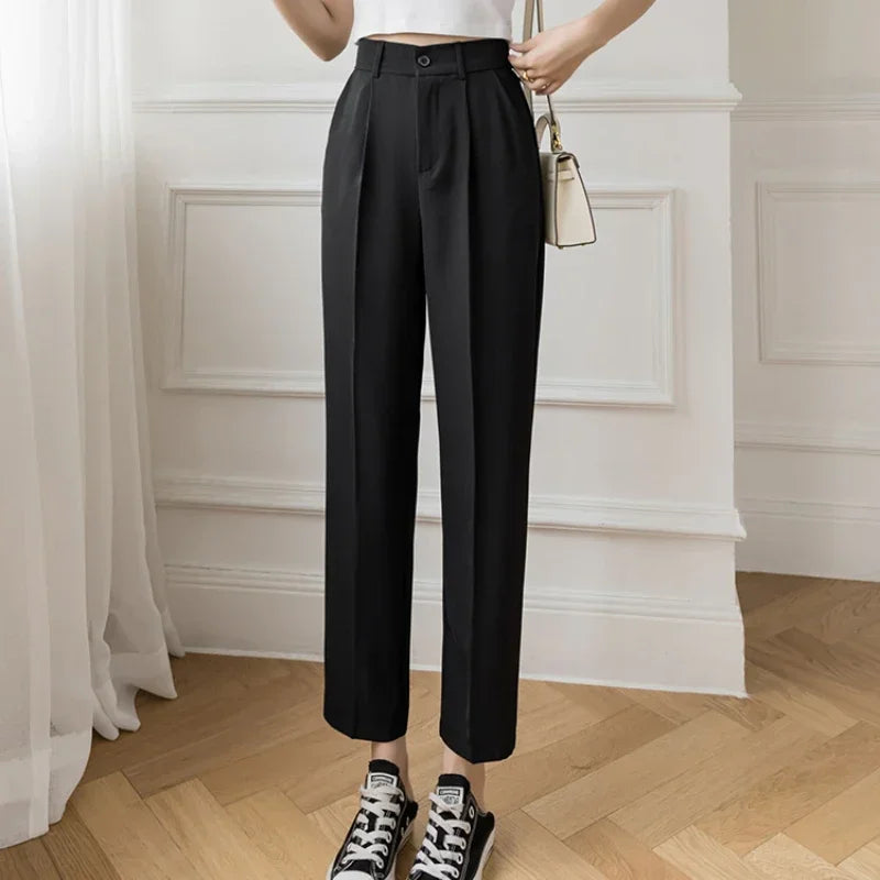 Women’s High Waist Suit Pants | Summer Black Harem Business Pants | Korean Style Pocket Thin Nine-Point Trousers