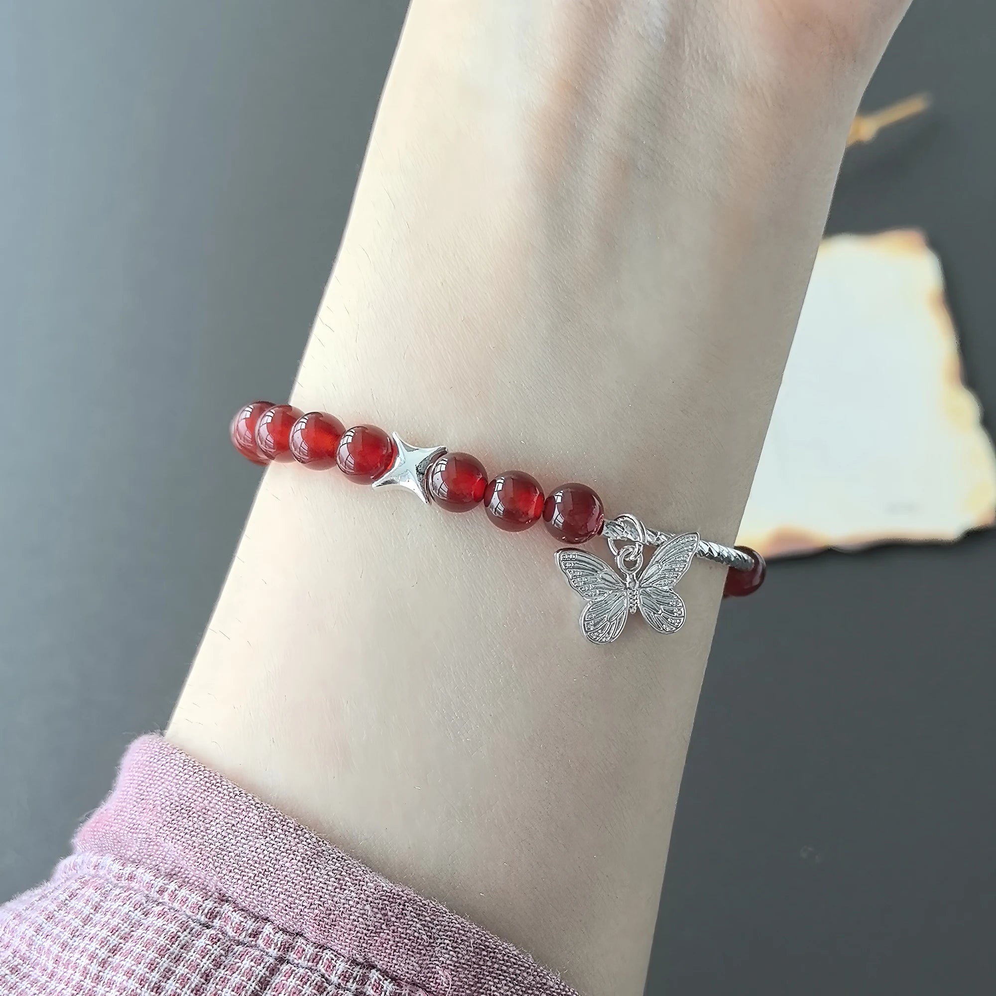 VENTFILLE 925 Sterling Silver Red Agate Bracelet | Flower Pendant Lucky Bead | Original Jewelry Gift for Women