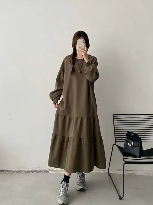 Plus Size Casual Long Sleeve Dress for Women | Loose Fit Patchwork Autumn Dress | Tummy Covering Comfortable Long Dress