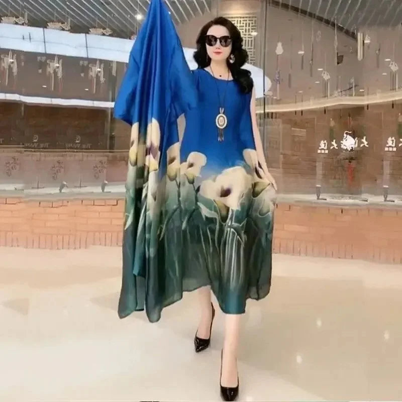 Middle-Aged Women’s Summer Dress Suit – Casual Two-Piece Printed Long Dress Set | Elegant Temperament Outfit
