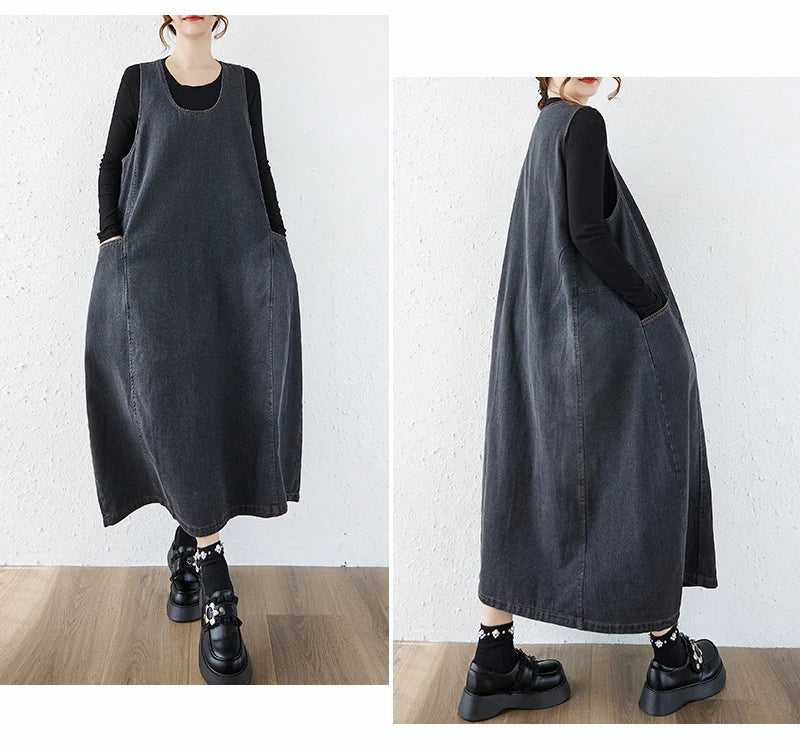 Loose Korean Style Plus Size Denim Vest Skirt – High Waist Over-Knee Slimming Cotton Jeans Corset Casual Dress for Women