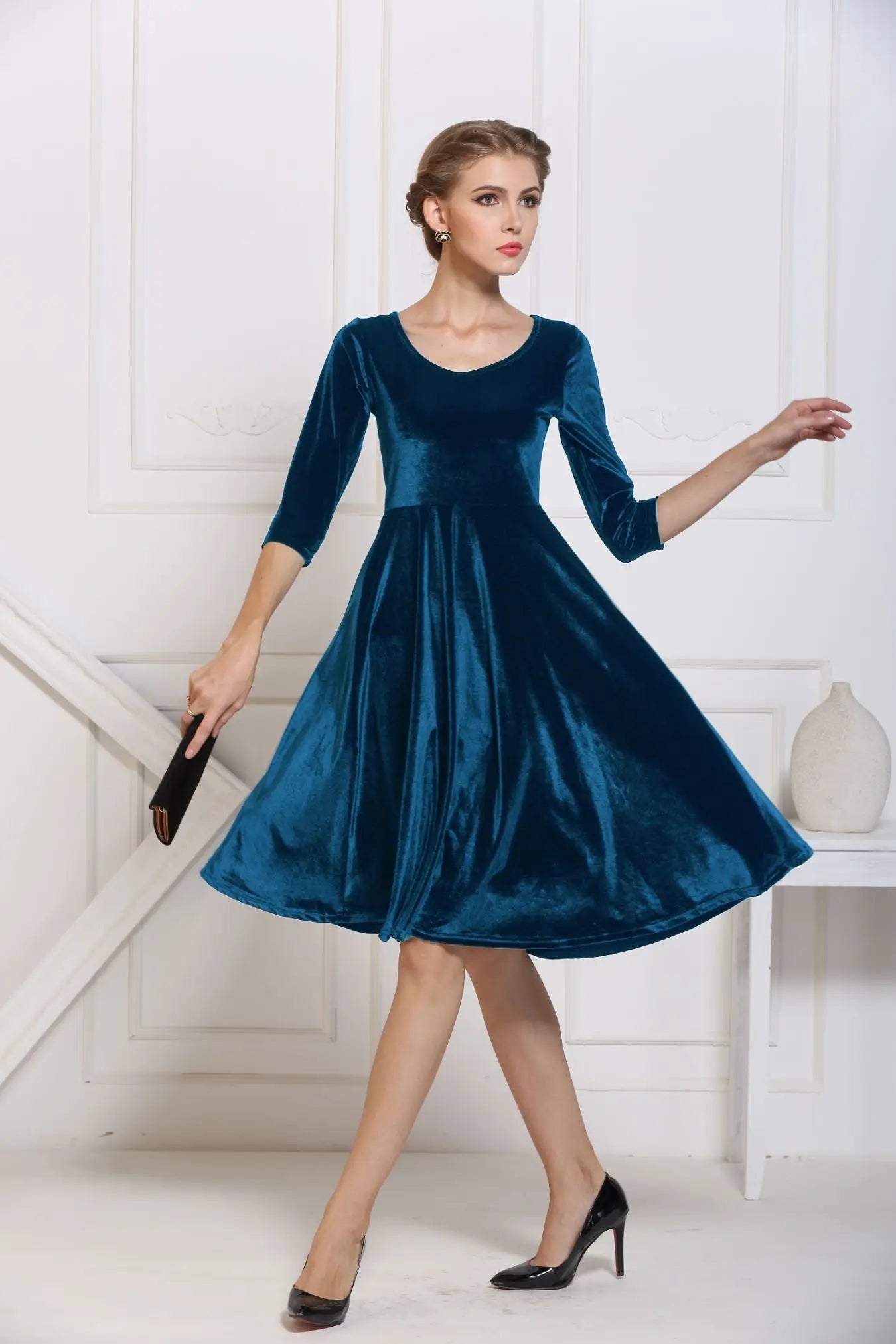 2025 Autumn Winter Navy Velvet Midi Dress – Three-Quarter Sleeve Elegant Evening & Bridesmaid Dress