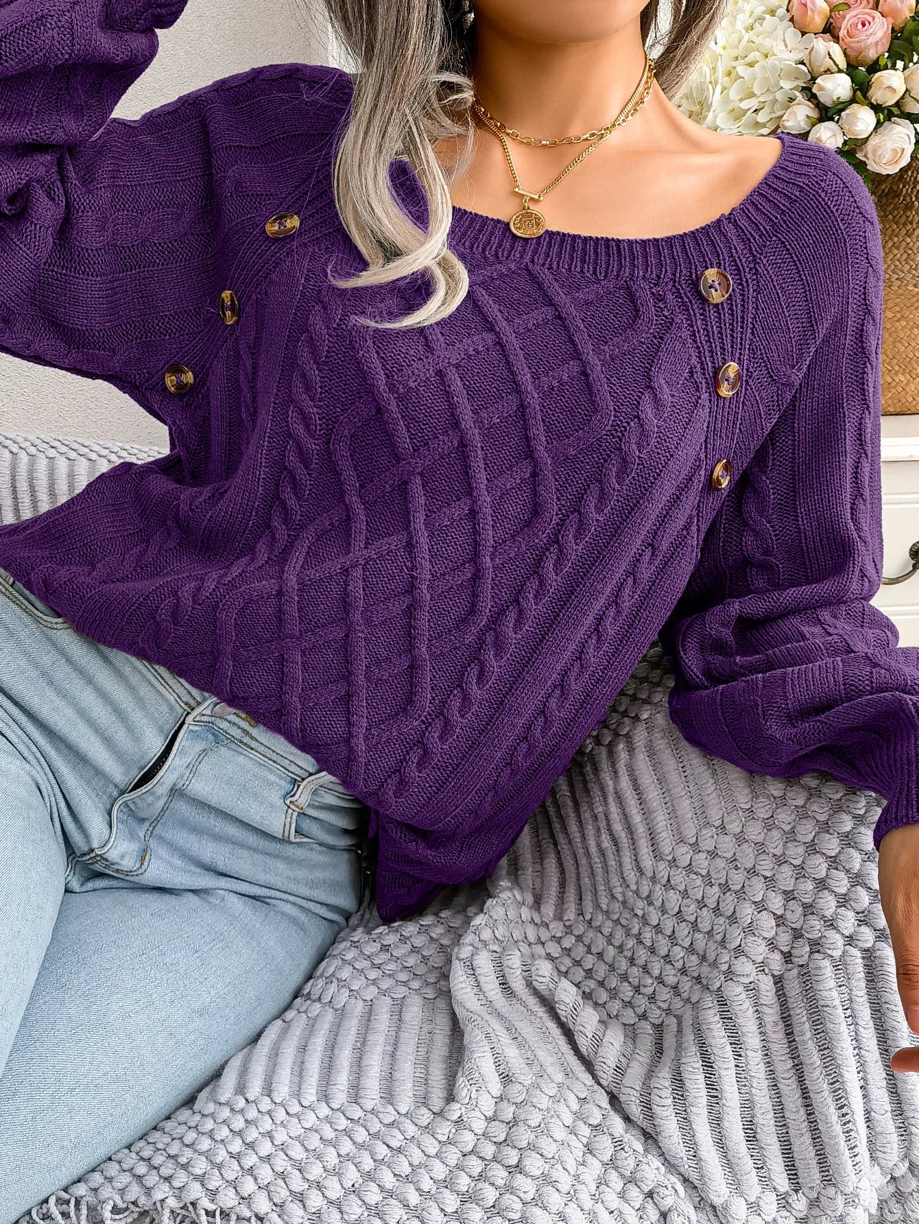 Women’s Casual Square Collar Knitted Pullover Sweater – Long Sleeve Autumn Winter 2025 Top
