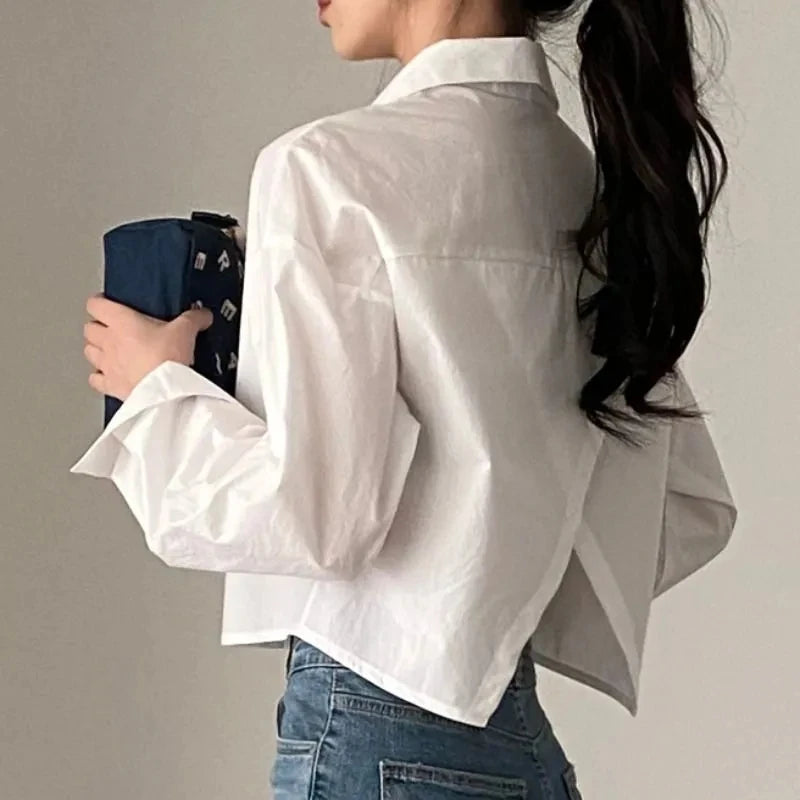 Zadily 2023 Women’s Spring White Crop Shirt – Korea Style Solid Button Split Blouse 👚✨