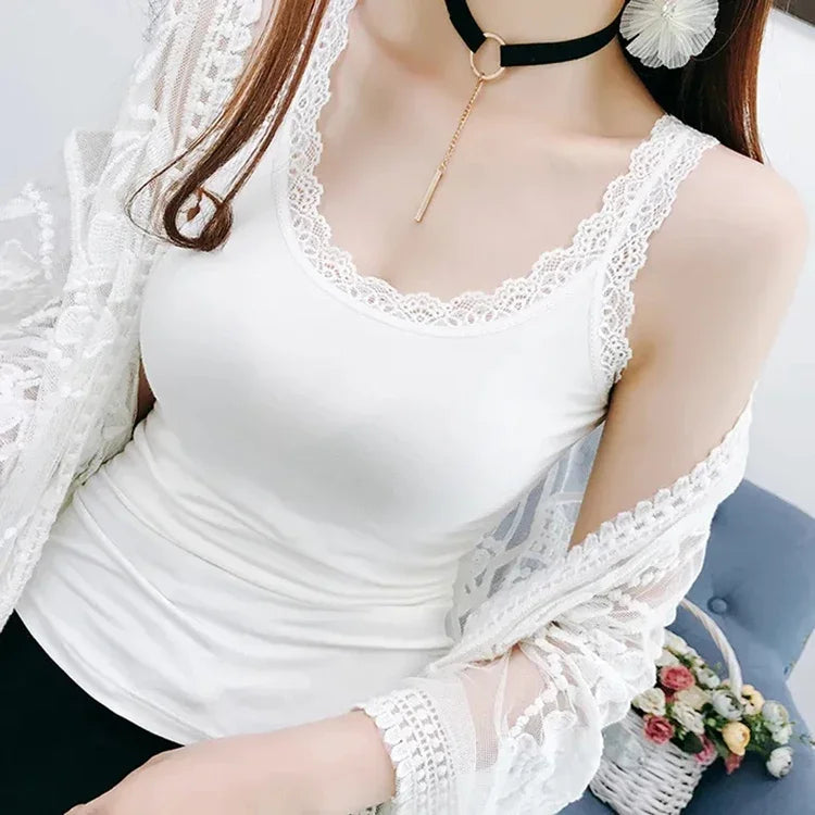 White & Black Lace Trim V-Neck Camisole | Plus Size Slim Crop Tank Top Sleep Vest