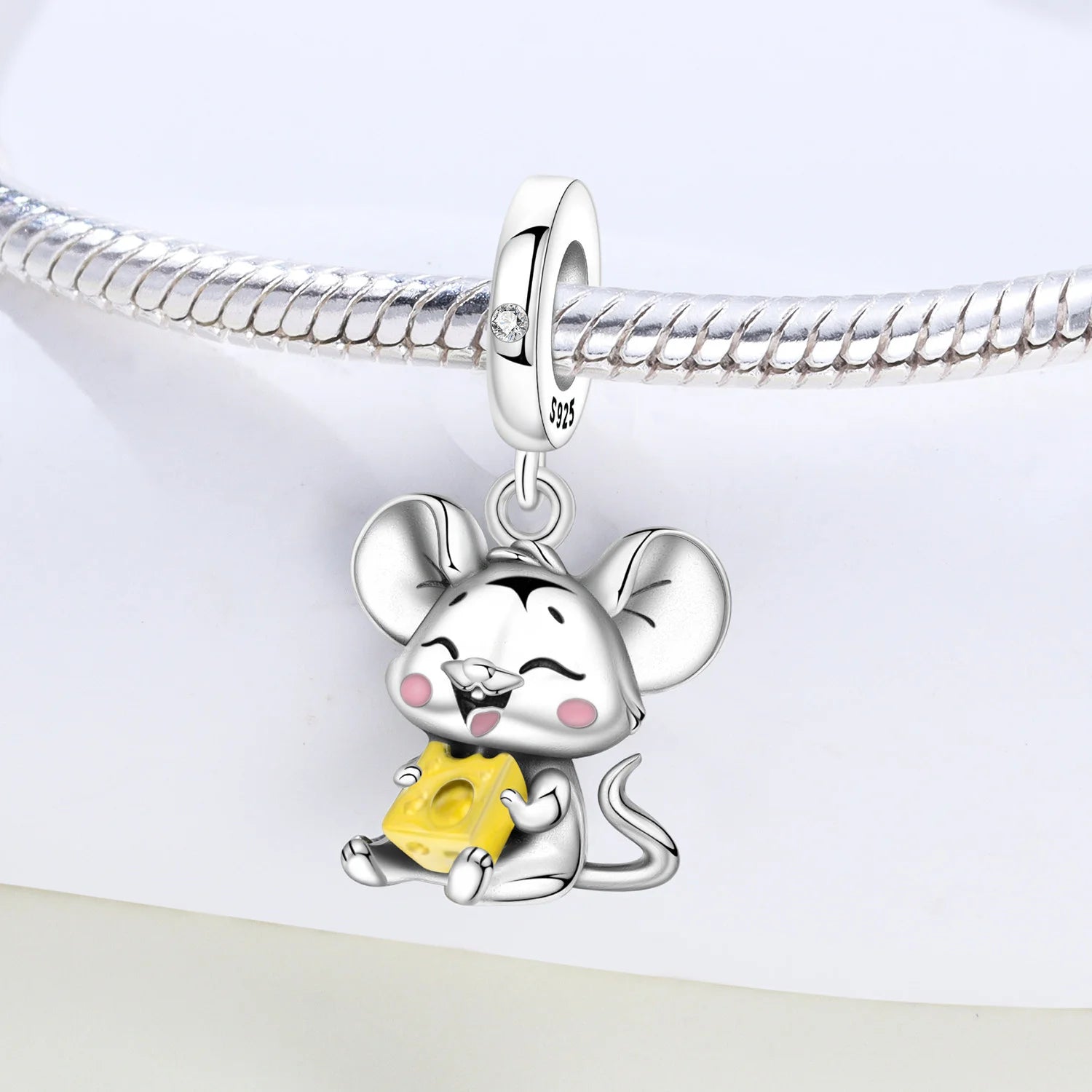 PANPOKI 925 Sterling Silver Cute Mouse Eating Cheese Charm Pendant | Original Bracelet DIY Jewelry Gift for Women
