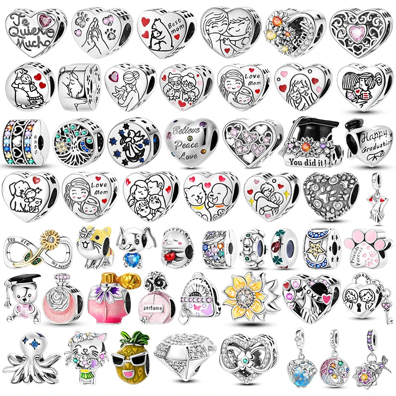 925 Sterling Silver Heart Shaped Warm Family Charm Beads Butterfly Flower Pendant