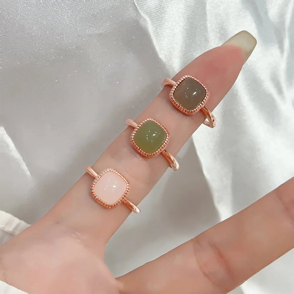 PANJBJ 925 Sterling Silver Hotan Jade Geometric Adjustable Ring | Retro Delicate Jewelry Gift for Women