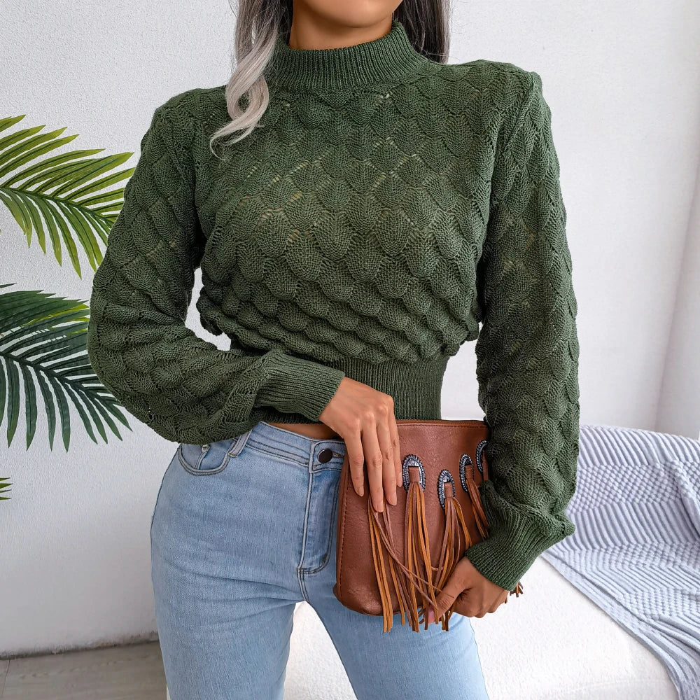 2025 Autumn Winter Women Hollow Out Knitted Crop Sweater – Casual Long Sleeve Pullover Top