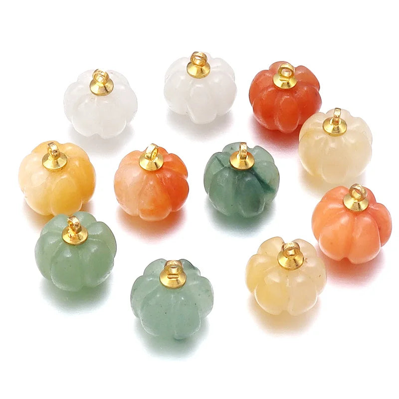 5pcs Natural Stone Pumpkin Pendants | Rose Quartz & Green Aventurine Charms for DIY Jewelry Making