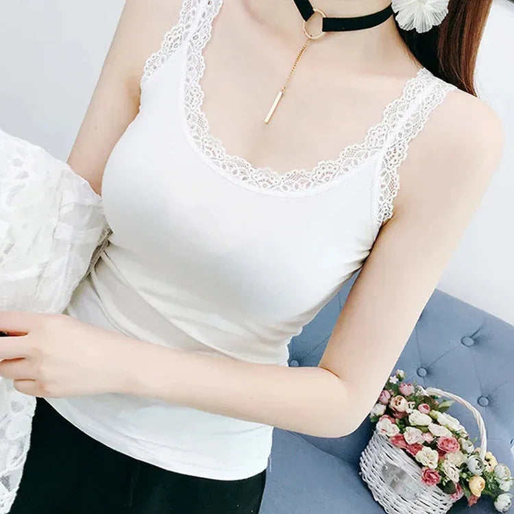 White & Black Lace Trim V-Neck Camisole | Plus Size Slim Crop Tank Top Sleep Vest