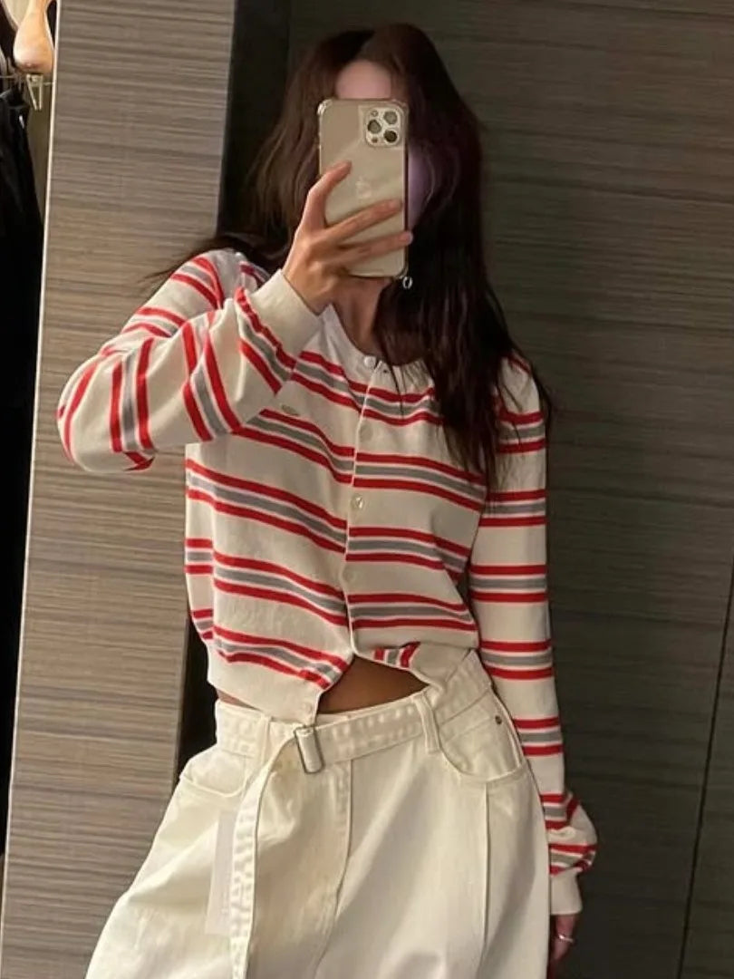 Women's Striped Knitted Cardigan | Chic Spring Button-Up Sweater | Soft Classic Open Front Knitwear