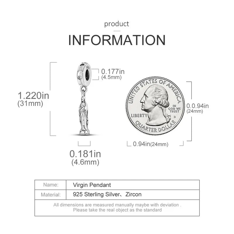 925 Sterling Silver Virgin Mary Dangle Charm | Fits Pandora Bracelet | Our Lady Pendant Bead | Religious DIY Jewelry Gift