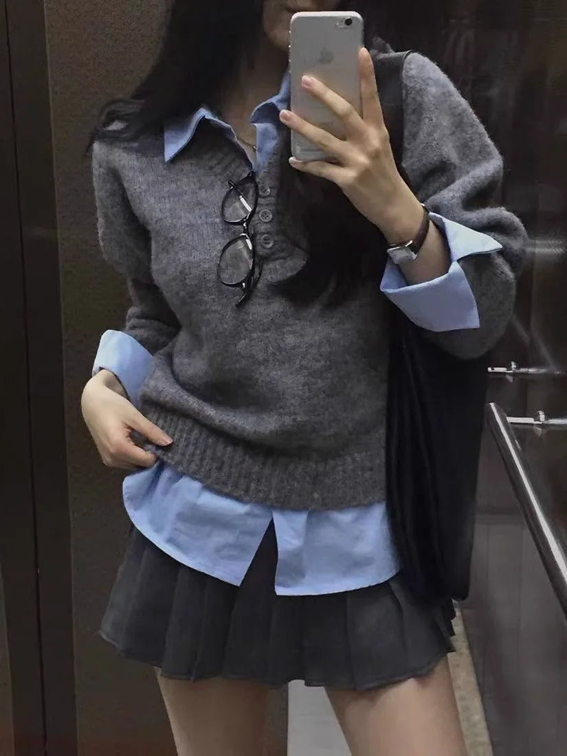 Fashionable Loose Knitted Sweater for Women | Fake Two-Piece Long Sleeve Top | Autumn Winter Warm Korean Style Pullover