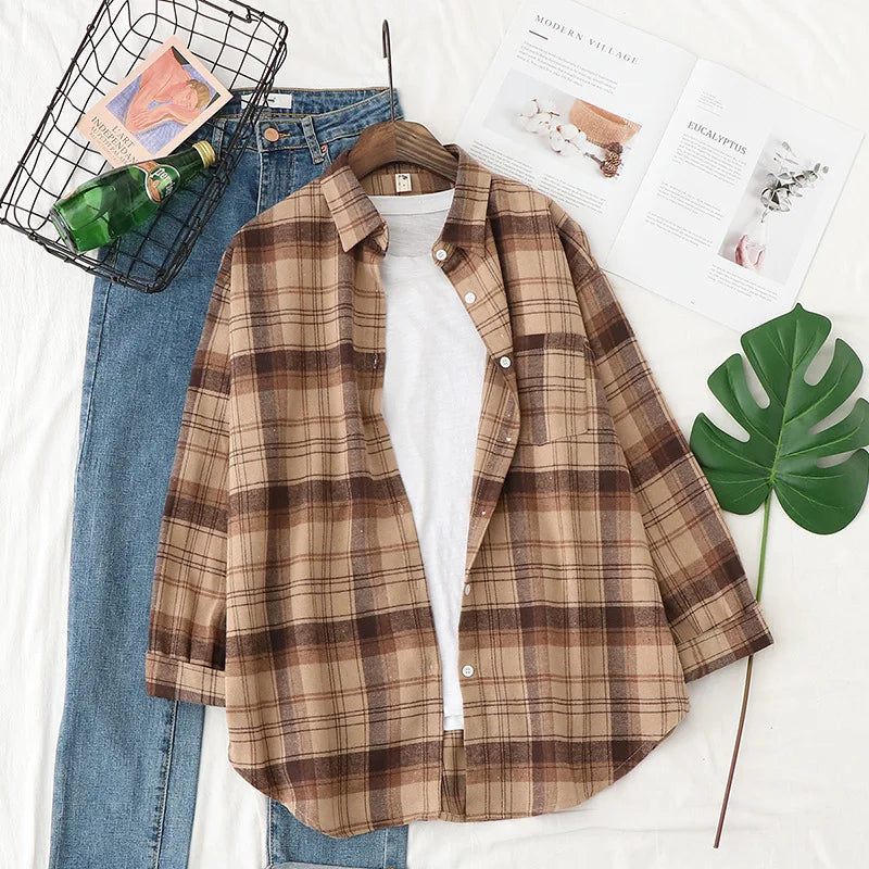 Women’s Plaid Shirt | Spring Autumn Long Sleeve Blouse | Casual Cotton Checkered Top