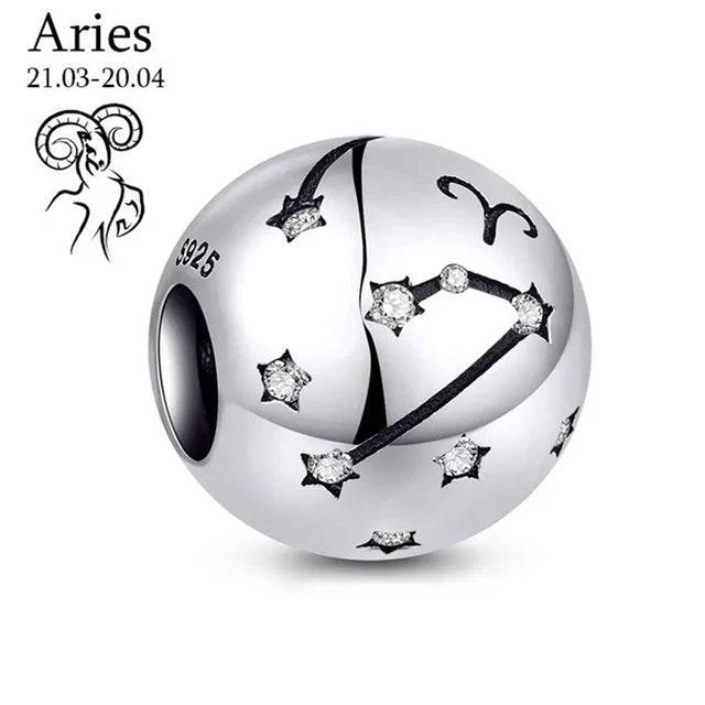 New 925 Sterling Silver Zodiac Constellation Beads | Round Pendant Charms for Women’s Bracelets & DIY Jewelry