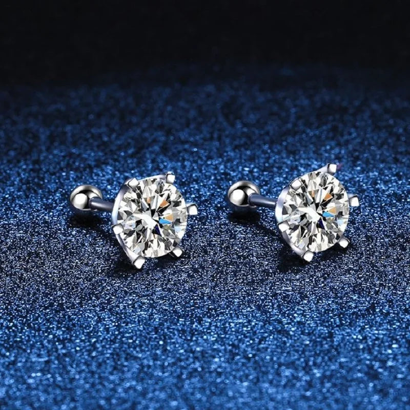 BIJOX STORY 925 Sterling Silver Moissanite Screw Stud Earrings – D Color Diamond Wedding Jewelry