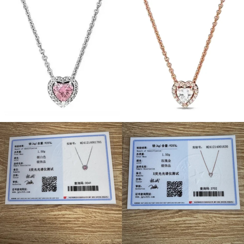 New 925 Sterling Silver Red Pink Green Heart-Shaped Necklace | Elegant Women’s Charm Jewelry for Valentine’s & Mother’s Day