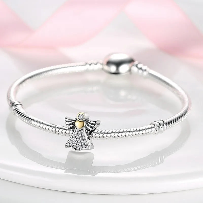 S925 Silver Angel Baby Charms | Heart Shape Wings Dangle Beads Fit Bracelet & Necklace