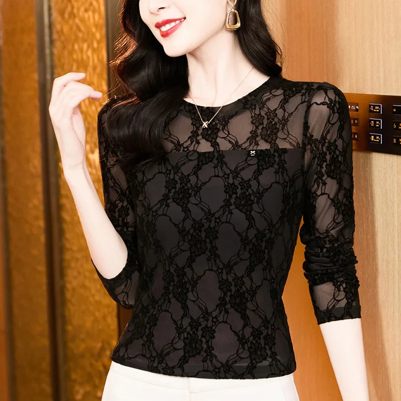 2026 Spring High Collar Women’s Mesh T-Shirt – Korean Flocking Flower Sexy Long Sleeve Top 🌸✨