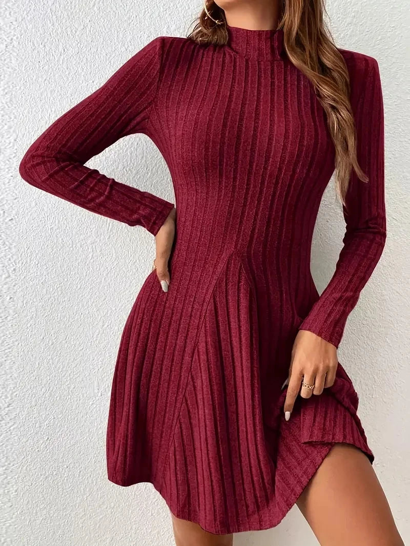 Women’s Slim Fit Half High Collar Dress – Waist Cinched A-Line Pit Stripe Long Sleeve Elegant Autumn Winter Dress
